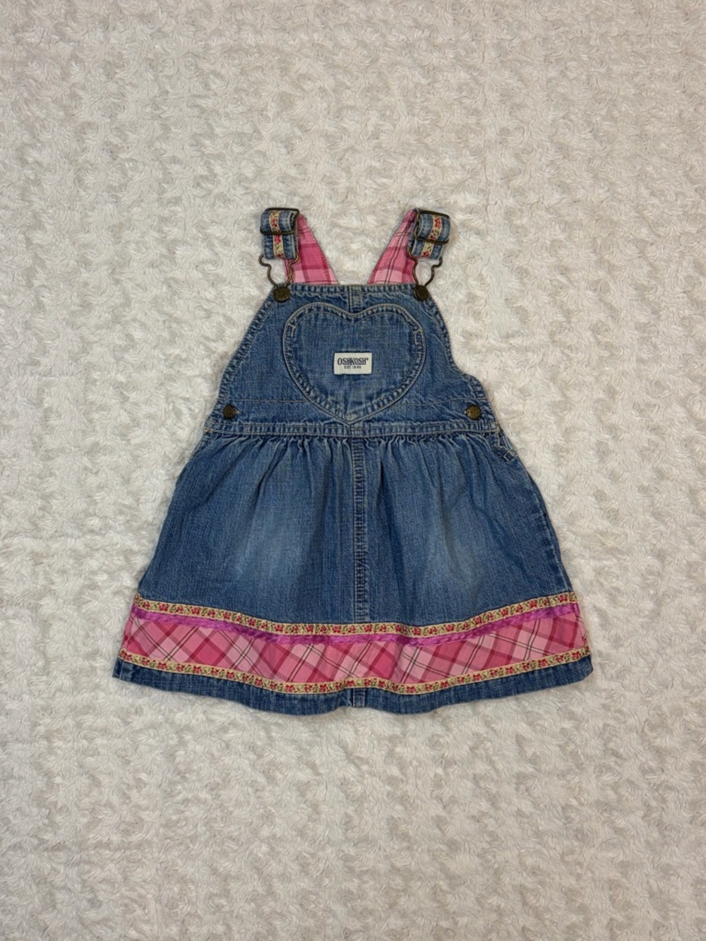 Vintage Oshkosh Blue Denim Jumper Dress Bib Overall Pink Trim Heart Pocket 18 Mo